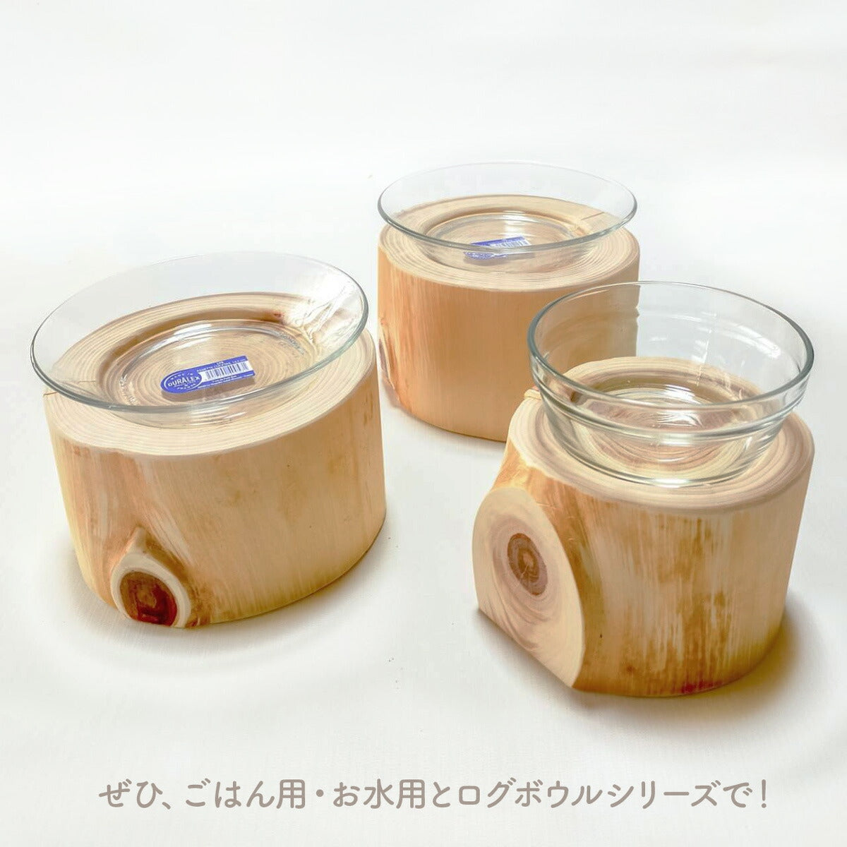 【Felesto フェレスト】Log Bowl ヒノキのログボウル 丸太の餌台 ごはん専用 耐熱ガラスボウル付