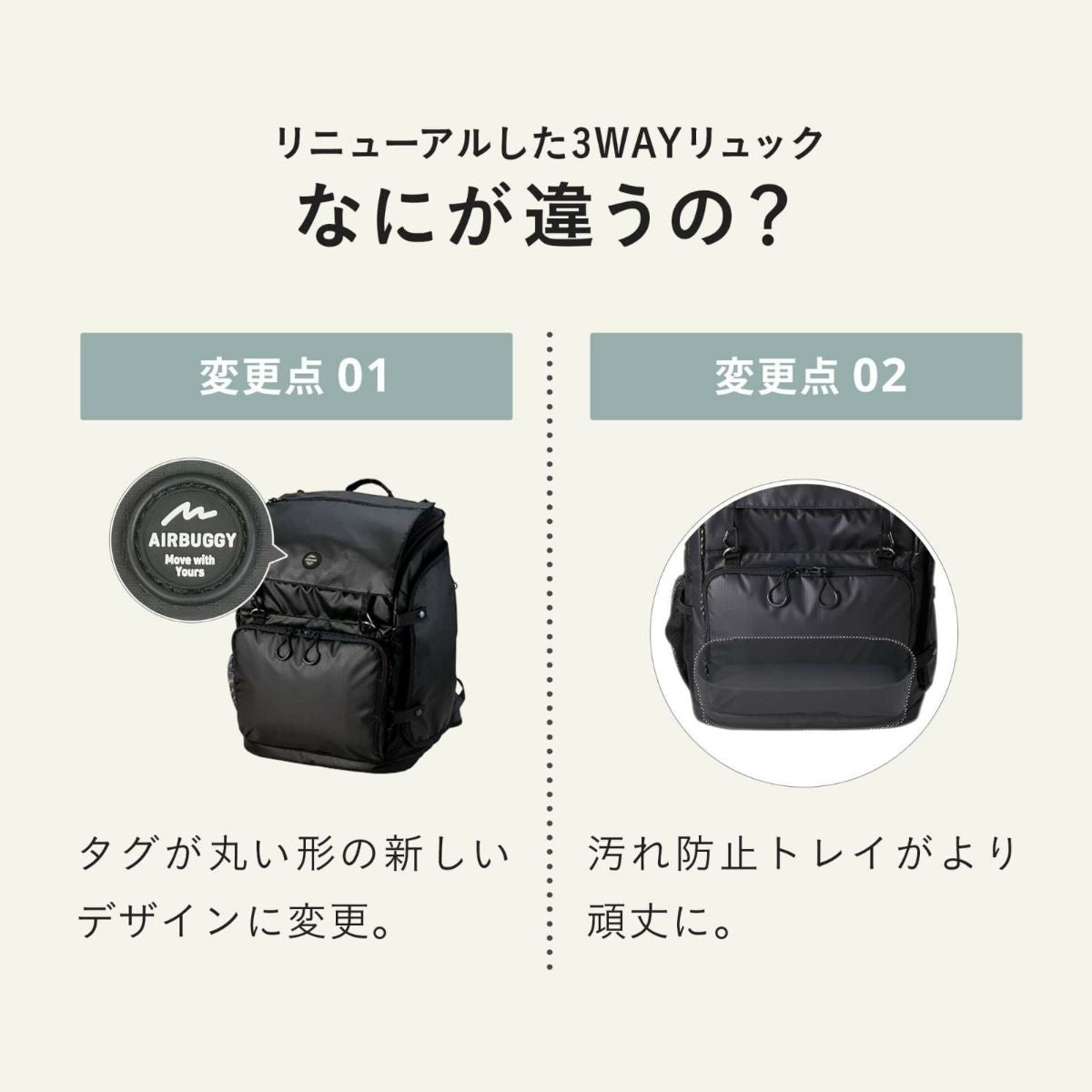 【AIRBUGGY エアバギー】3WAY BACKPACK CARRIER レギュラー クールベージュ・リップストップネイビー・ブラック