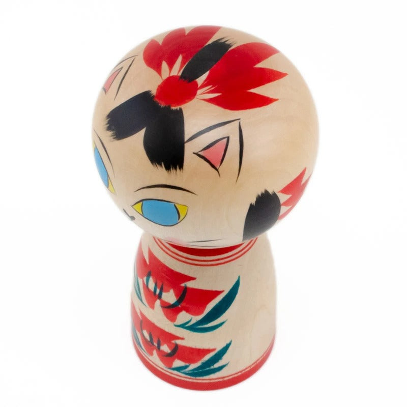 【蔵王高湯系 梅木直美】 創作こけし ネコこけし 4寸 約11.5cm 赤 青目