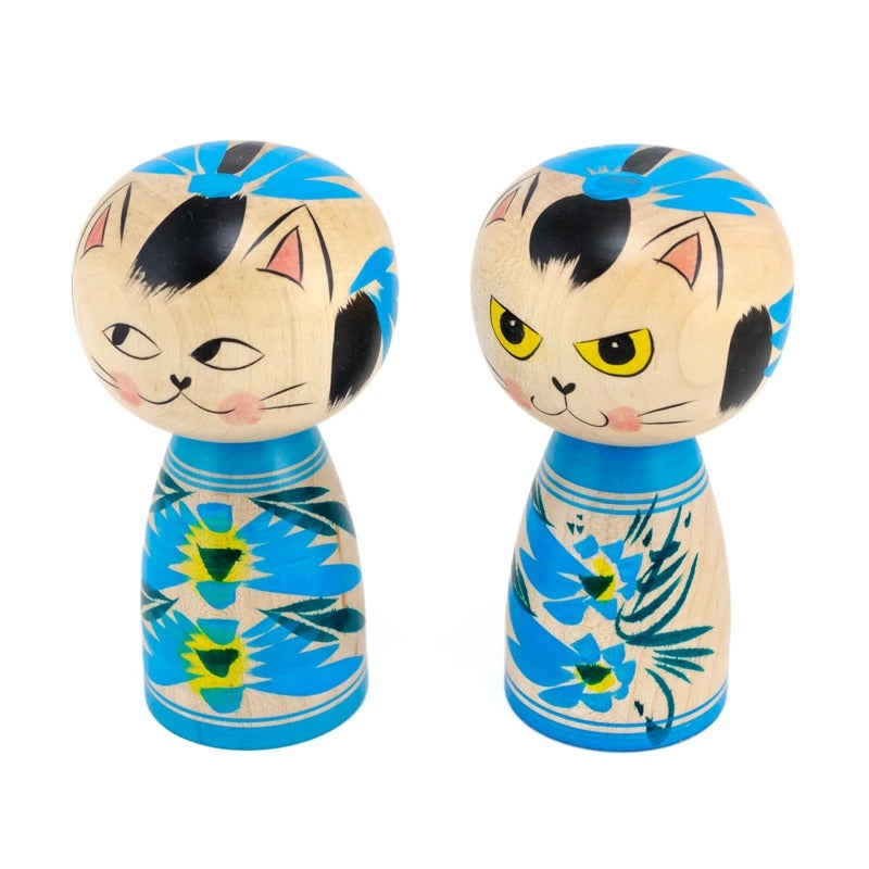 【蔵王高湯系 梅木直美】 創作こけし ネコこけし 3寸 約9cm 水色 2種類
