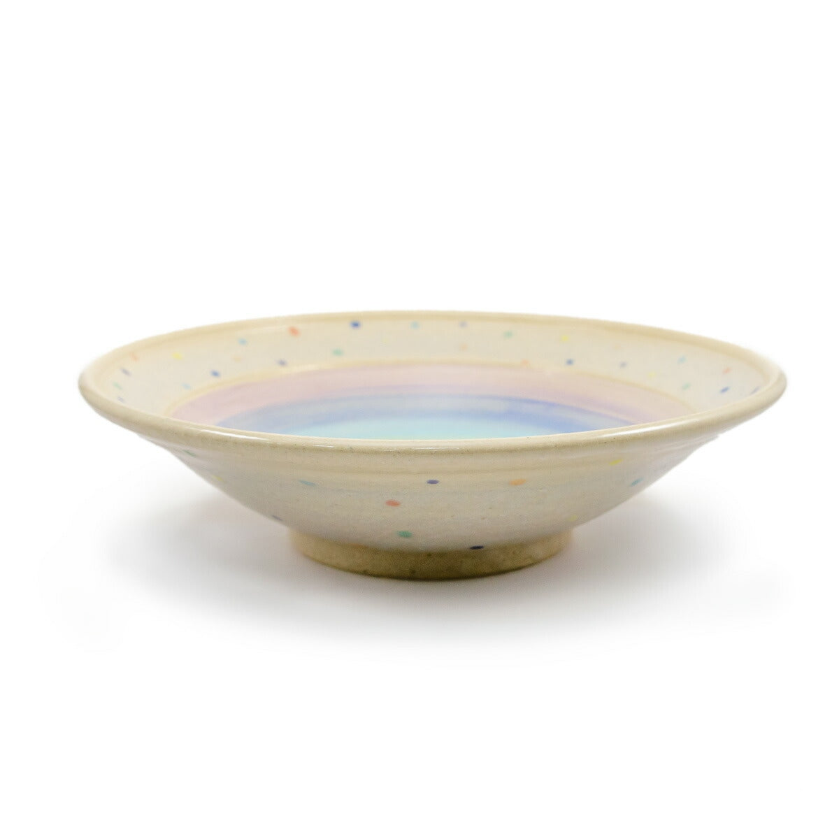 【ジェームス・オペ 雷窯】七色刷毛目 水玉 浅いボウル(大) 約23cm パスタボウル パステルレインボー