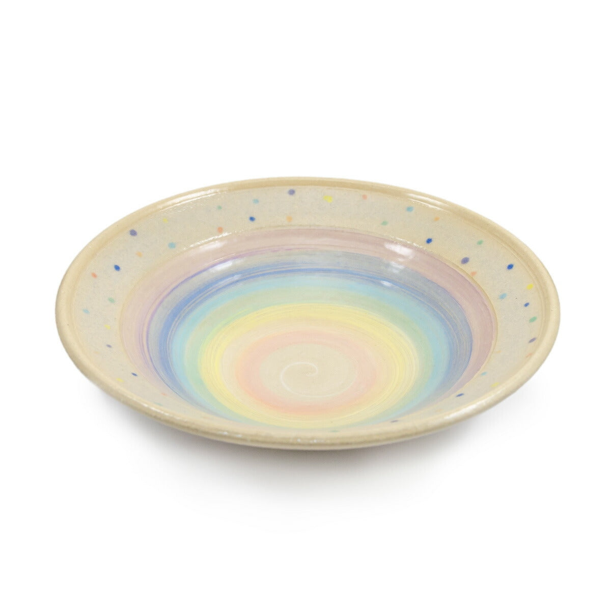 【ジェームス・オペ 雷窯】七色刷毛目 水玉 浅いボウル(大) 約23cm パスタボウル パステルレインボー