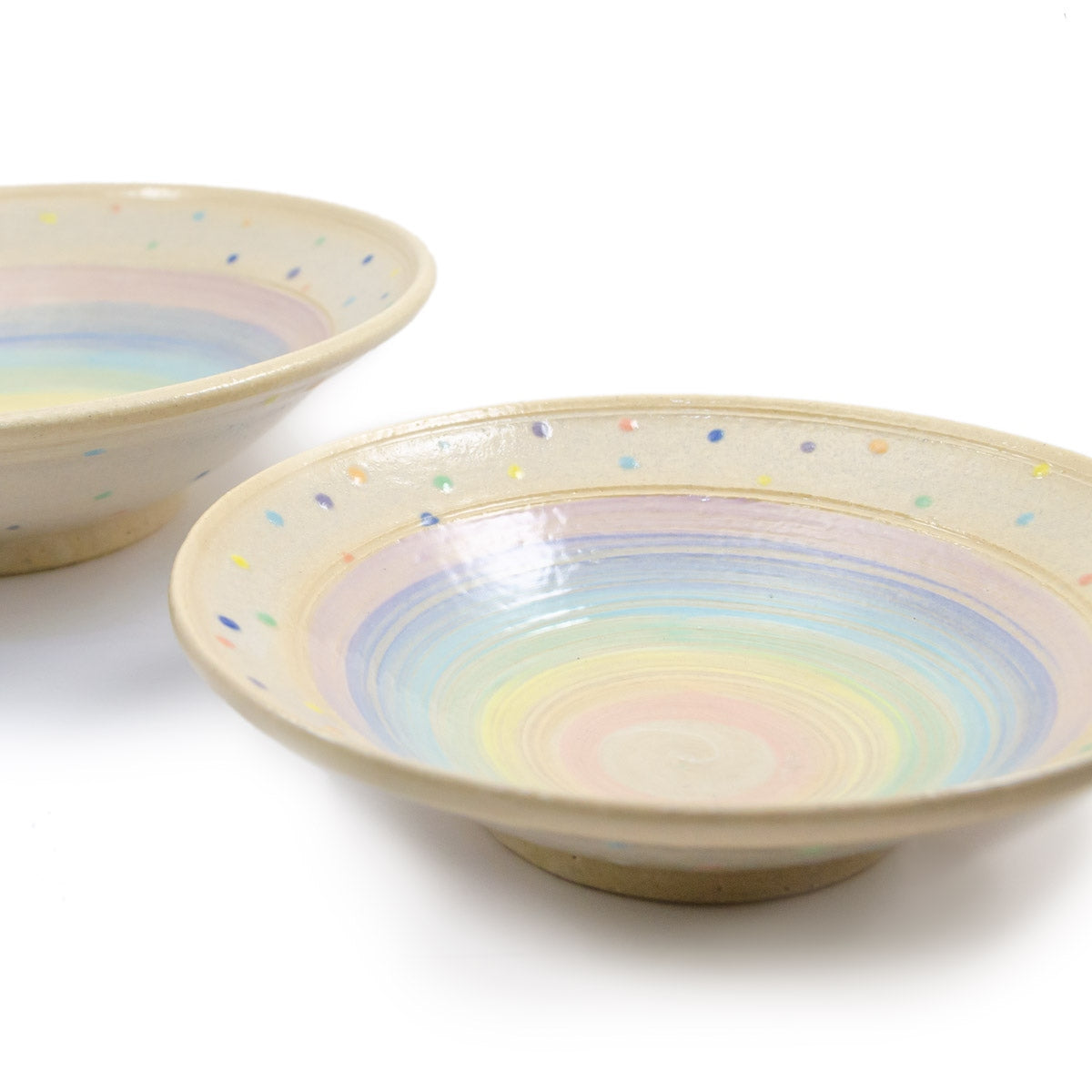 【ジェームス・オペ 雷窯】七色刷毛目 水玉 浅いボウル(大) 約23cm パスタボウル パステルレインボー