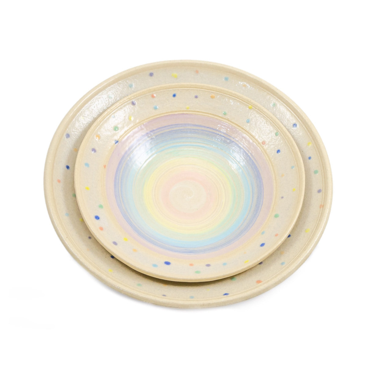 【ジェームス・オペ 雷窯】七色刷毛目 水玉 浅いボウル(大) 約23cm パスタボウル パステルレインボー