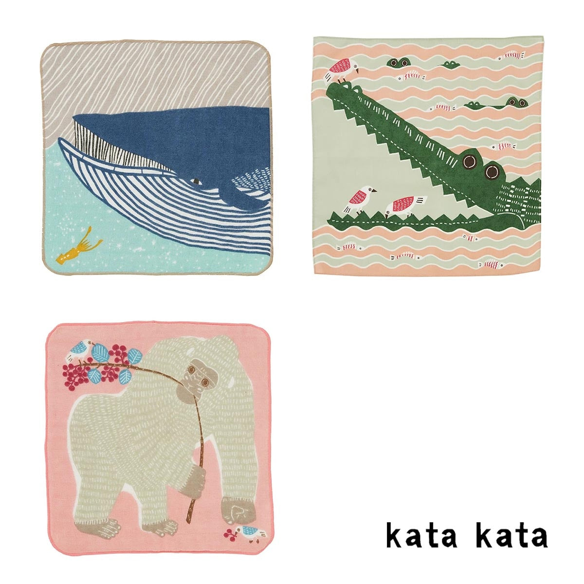 【kata kata カタカタ】タオルハンカチ ナガスクジラ・ワニ・ゴリラ