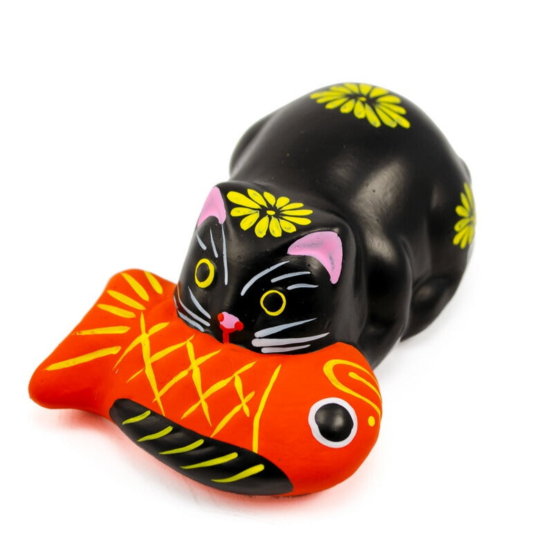 【つつみのおひなっこや】 堤人形 鯛引き寄せ猫 黒猫 幅8.5cm
