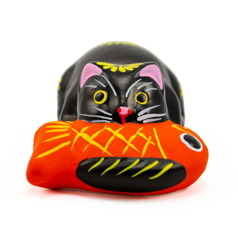 【つつみのおひなっこや】 堤人形 鯛引き寄せ猫 黒猫 幅8.5cm