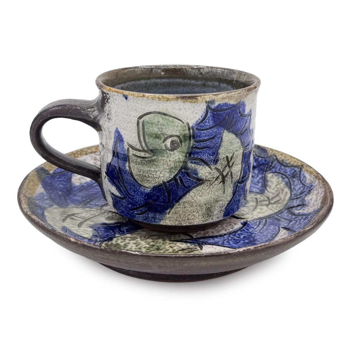 【日高見窯】カップ&ソーサー 掻き落とし魚 鈴木由香