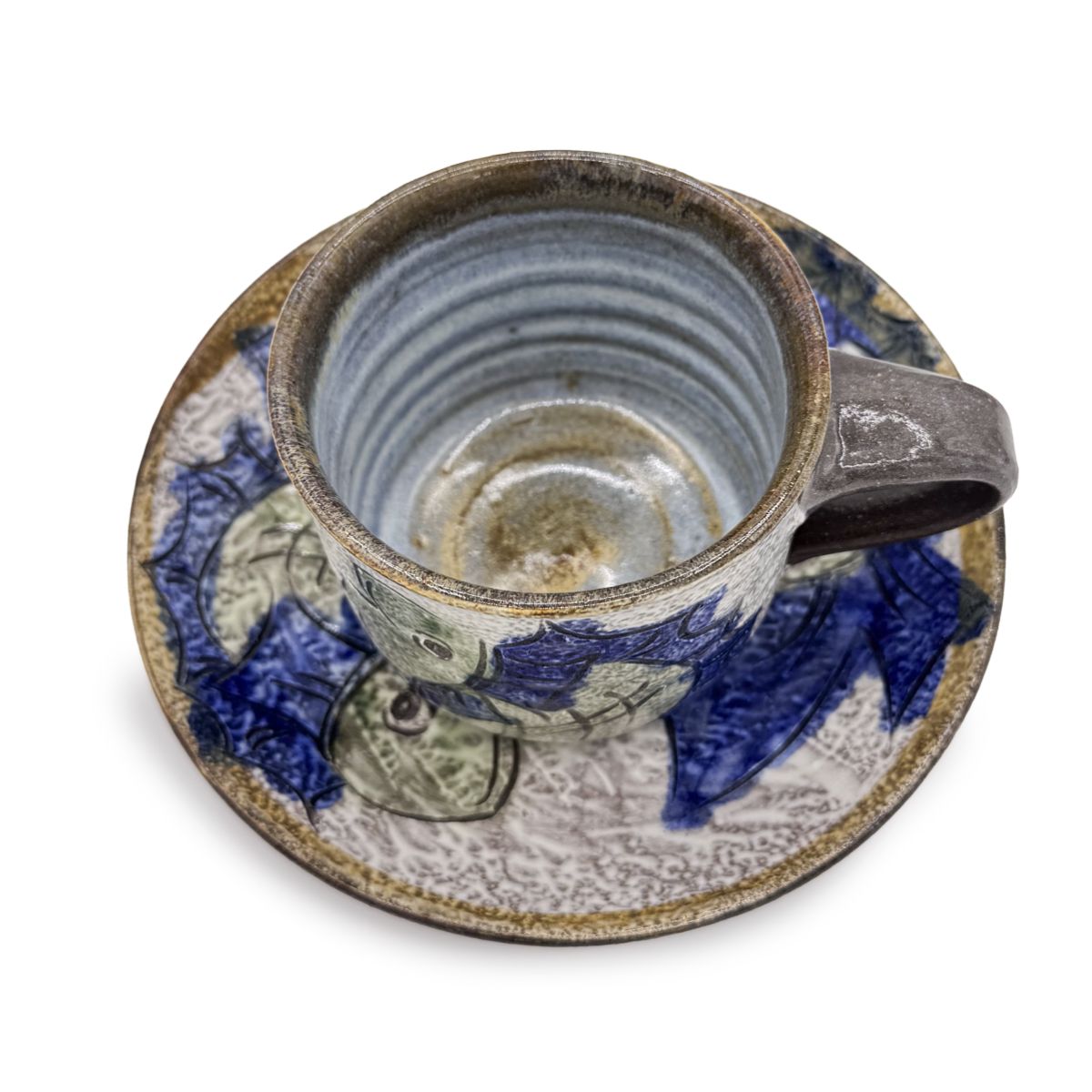 【日高見窯】カップ&ソーサー 掻き落とし魚 鈴木由香