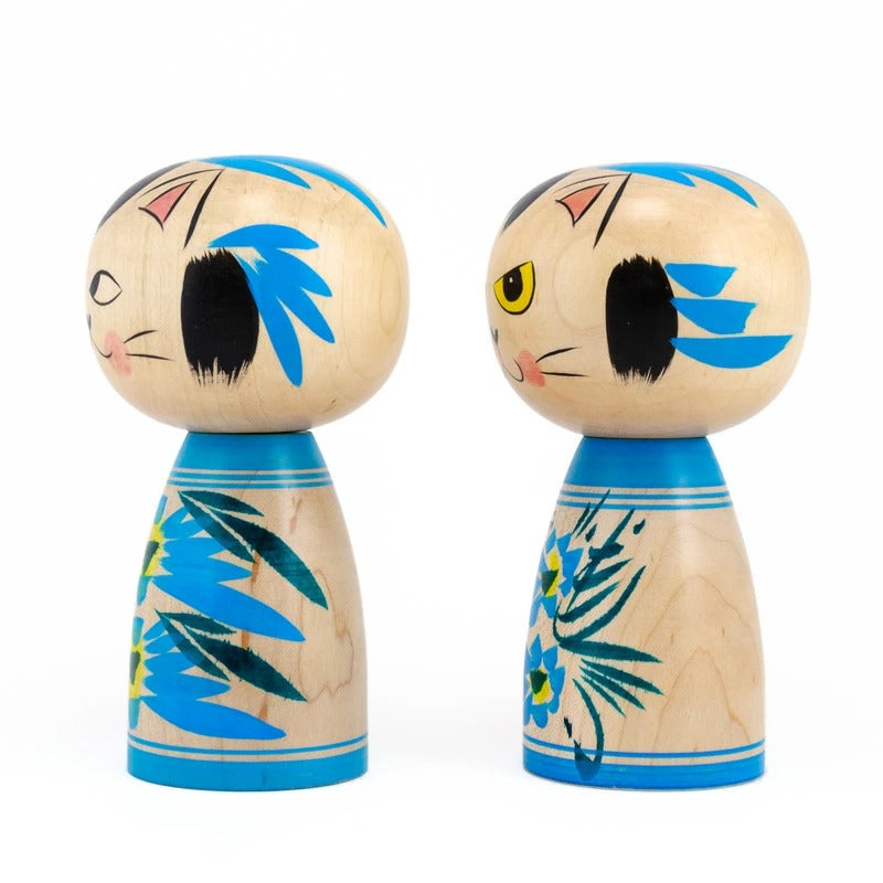 【蔵王高湯系 梅木直美】 創作こけし ネコこけし 3寸 約9cm 水色 2種類