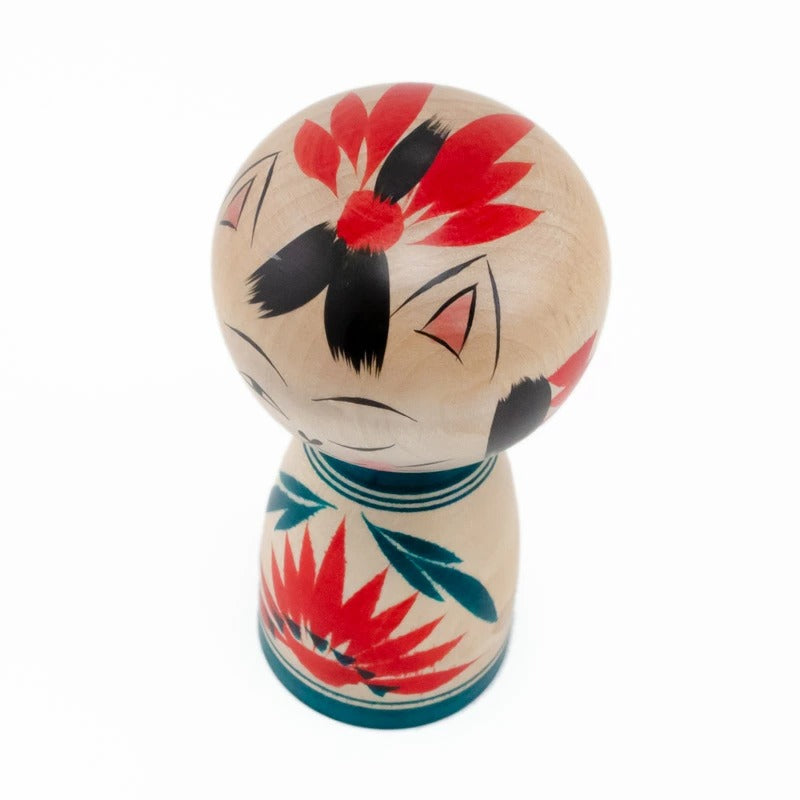 【蔵王高湯系 梅木直美】 創作こけし ネコこけし 4寸 約11.5cm 緑 ウインク